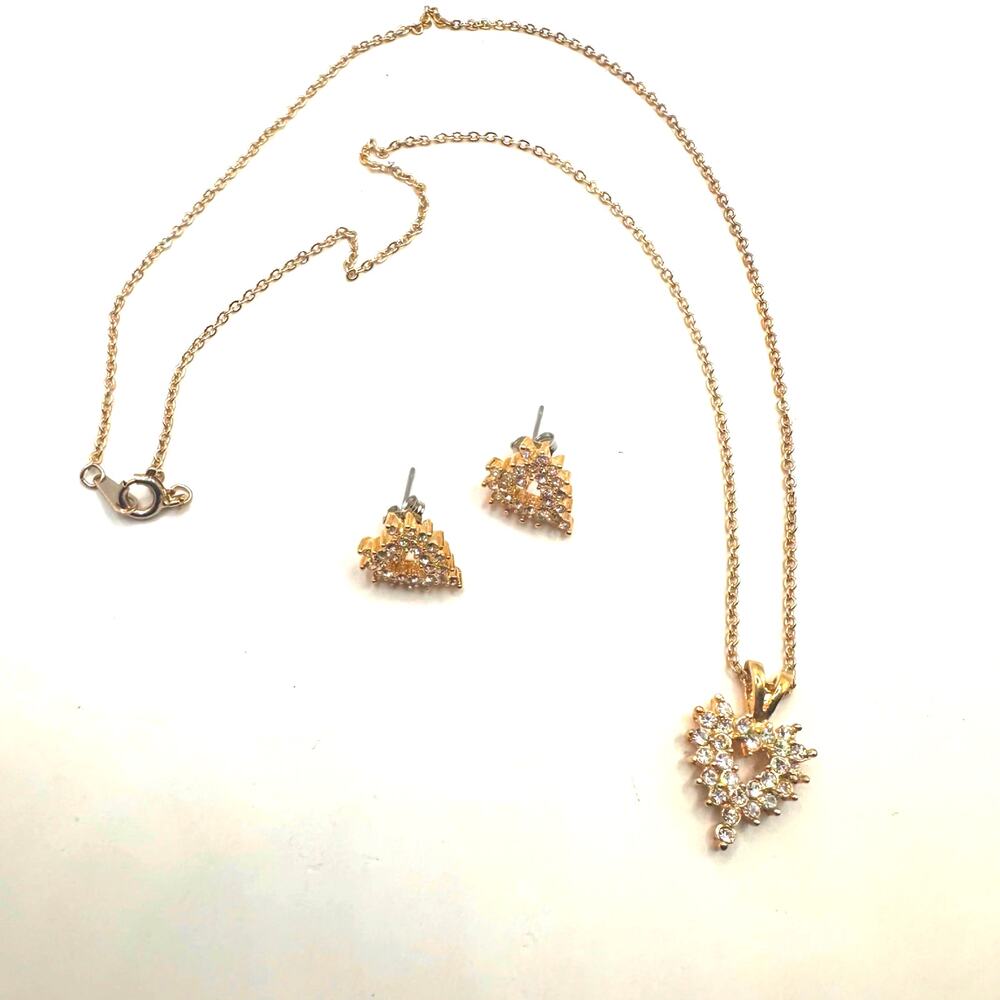 Gold Heart Jewelry Set Necklace Earrings Cubic Zirconia CZ 18" long Lot of 2